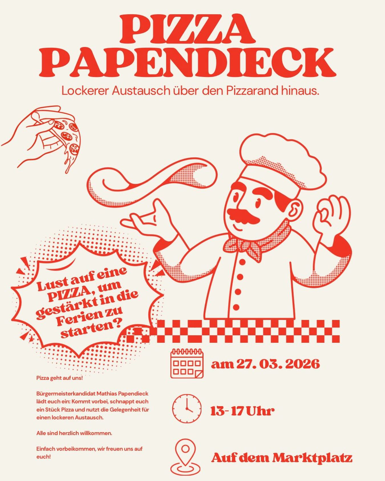 Wir freuen uns riesig auf alle, die vorbeikommen! 🍕✨
Kommt vorbei, bringt gute Laune mit und gern auch Themen, die euch am Herzen liegen, für einen richtig guten Austausch.

#pizza #bürgermeisterwahl #fürstenwalde