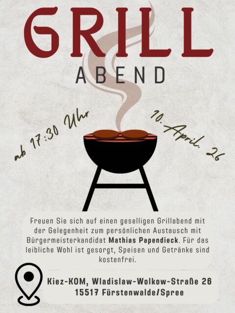 Kommt vorbei, lasst uns ins Gespräch kommen und gemeinsam einen entspannten Abend verbringen! 🔥🍔

Als Bürgermeisterkandidat ist es mir wichtig, eure Ideen zu hören und über die Zukunft von Fürstenwalde zu sprechen, ganz ungezwungen beim Grillen.

Ich freue mich auf euch!🤗

#grillabend #fürstenwalde #gemeinsamstark #bürgermeisterwahl