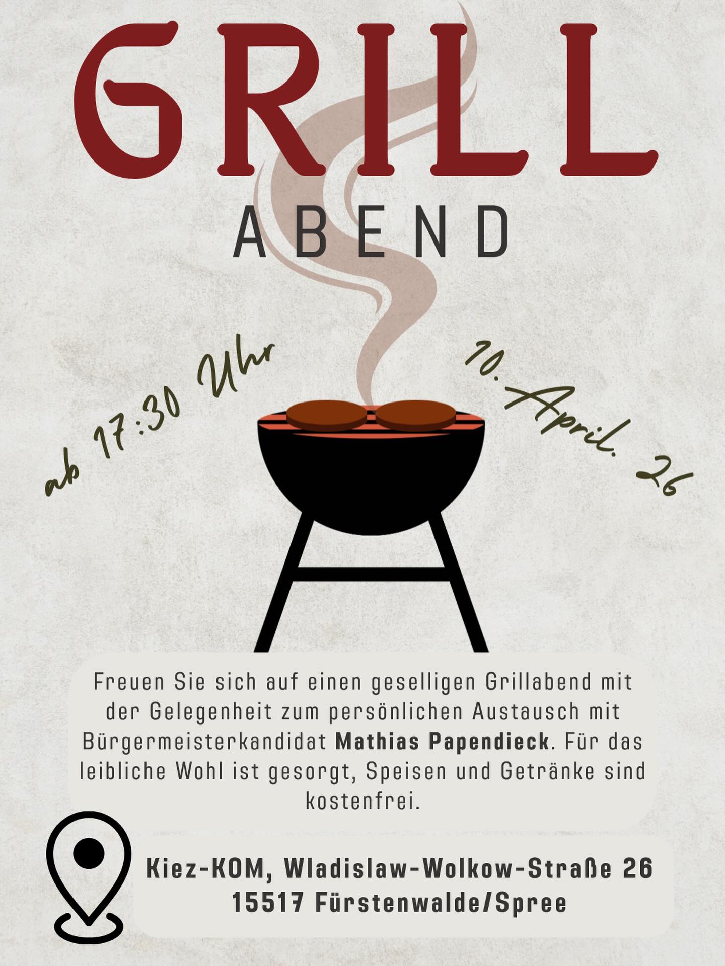 Kommt vorbei, lasst uns ins Gespräch kommen und gemeinsam einen entspannten Abend verbringen! 🔥🍔

Als Bürgermeisterkandidat ist es mir wichtig, eure Ideen zu hören und über die Zukunft von Fürstenwalde zu sprechen, ganz ungezwungen beim Grillen.

Ich freue mich auf euch!🤗

#grillabend #fürstenwalde #gemeinsamstark #bürgermeisterwahl