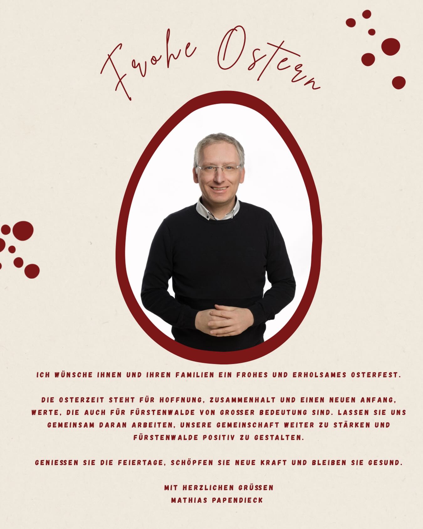 Frohe Ostern und entspannte Feiertage! 🐰🌷 Möge die Zeit euch Freude, Ruhe und viele schöne Momente bringen.

#FroheOstern #Ostern2026 #Frühling #Gemeinschaft #Fürstenwalde