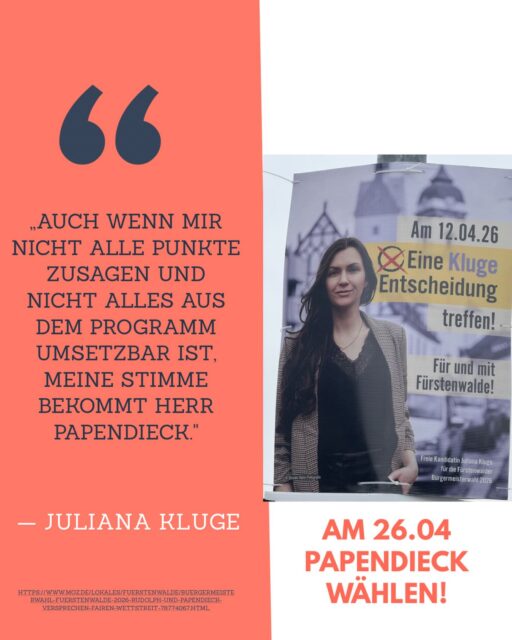 Ich danke Frau Kluge für ihre klaren Aussagen und für das gute persönliche Gespräch. Für mich ist klar: Frauen gehören mit ihren Perspektiven, Erfahrungen und Einschätzungen selbstverständlich in die Politik. Gute Kommunalpolitik vor Ort gelingt nur dann, wenn unterschiedliche Blickwinkel gehört und ernst genommen werden.
Deshalb war und ist mir der Austausch wichtig. Denn gute Politik entsteht im Gespräch, im Respekt und im Miteinander.

#bürgermeisterwahl #fürstenwalde #wechsel
